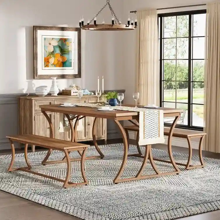 51 Farmhouse Brown Dining Table and Bench Set