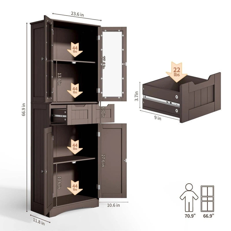 Mobile dispensa alto da cucina, armadietto contenitore autoportante, mobiletto bagno con ante