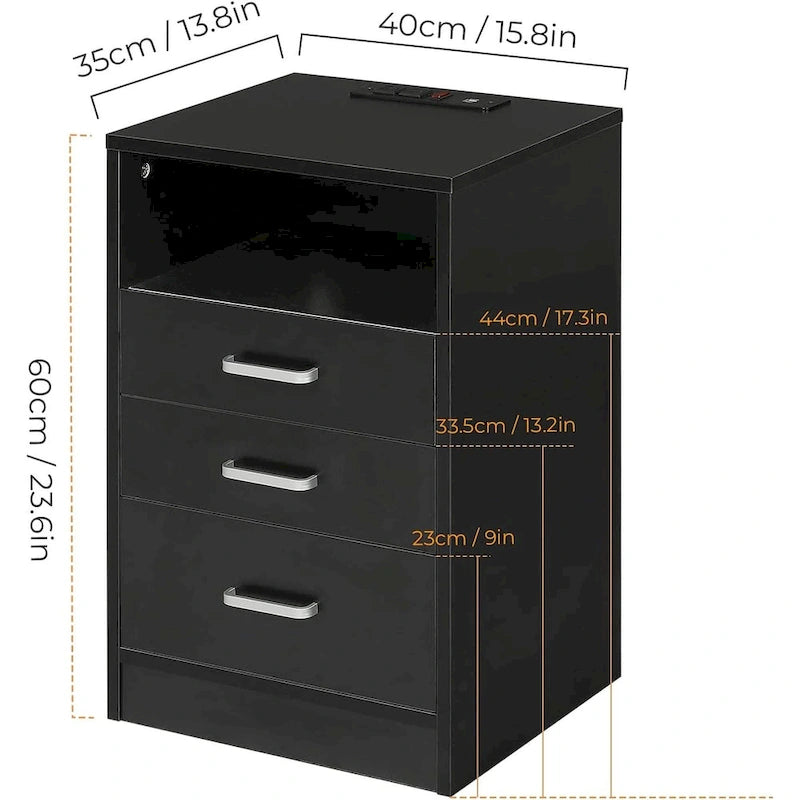 Nightstand 3 Drawers Open Storage Charging Station