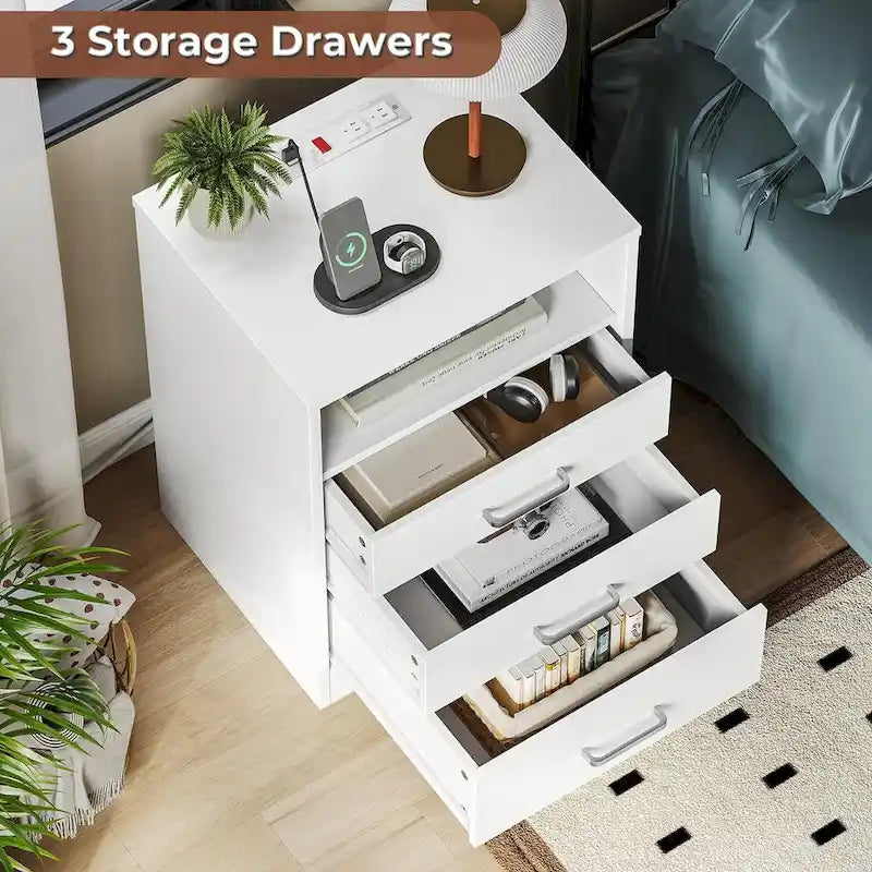 Nightstand 3 Drawers Open Storage Charging Station