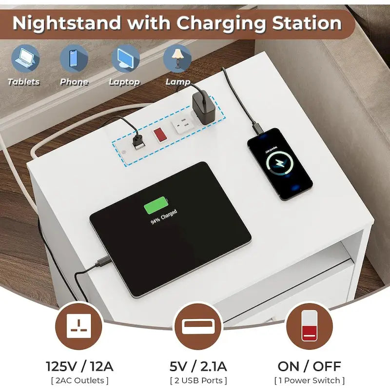 Nightstand 3 Drawers Open Storage Charging Station