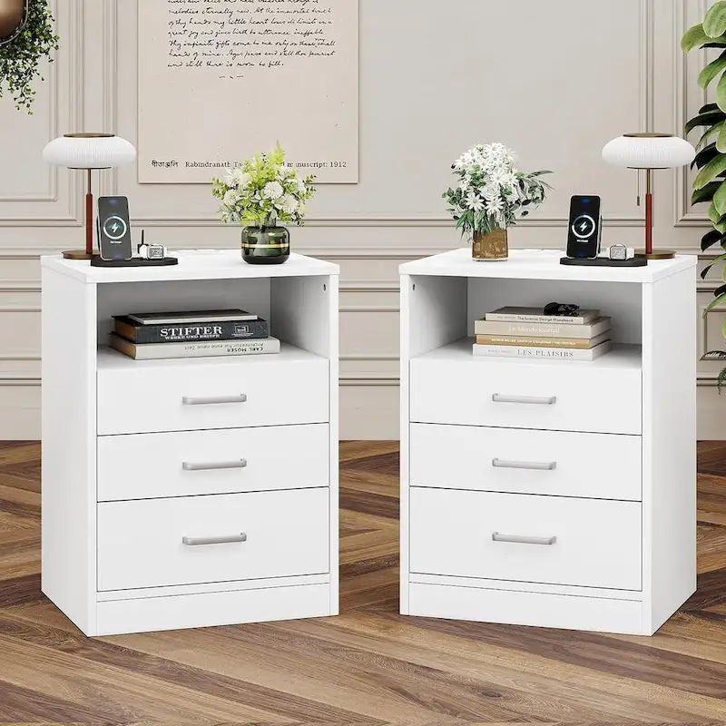 Nightstand 3 Drawers Open Storage Charging Station