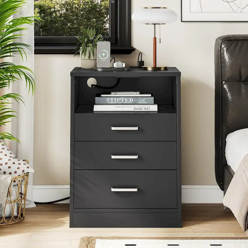 Nightstand 3 Drawers Open Storage Charging Station