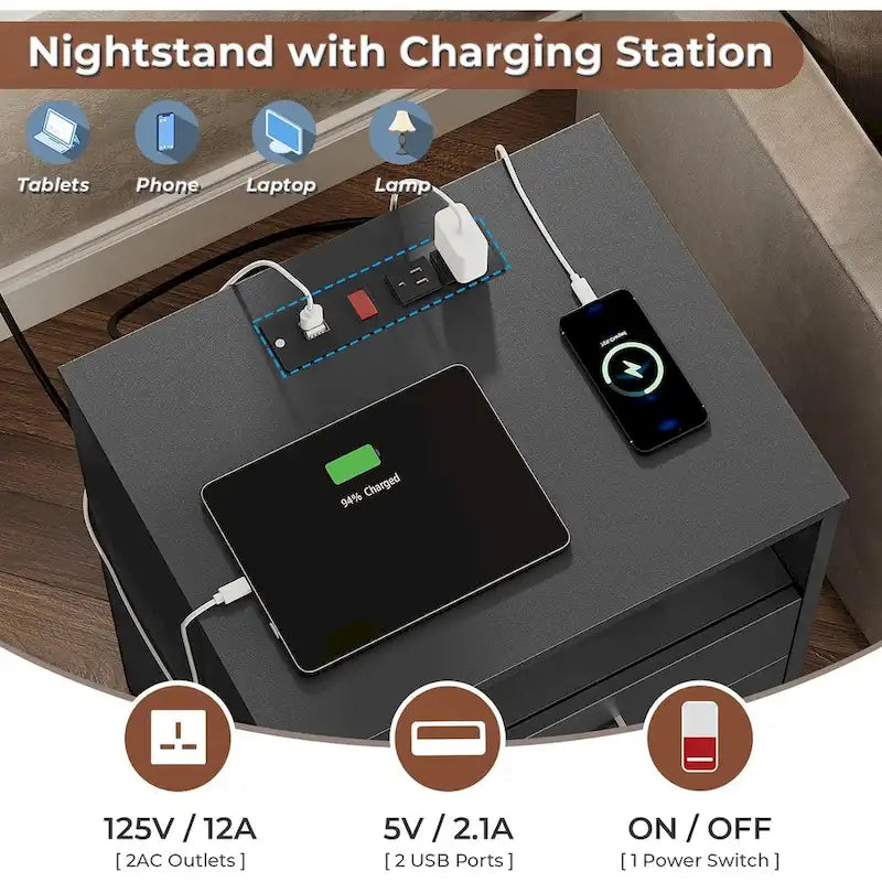 Nightstand 3 Drawers Open Storage Charging Station