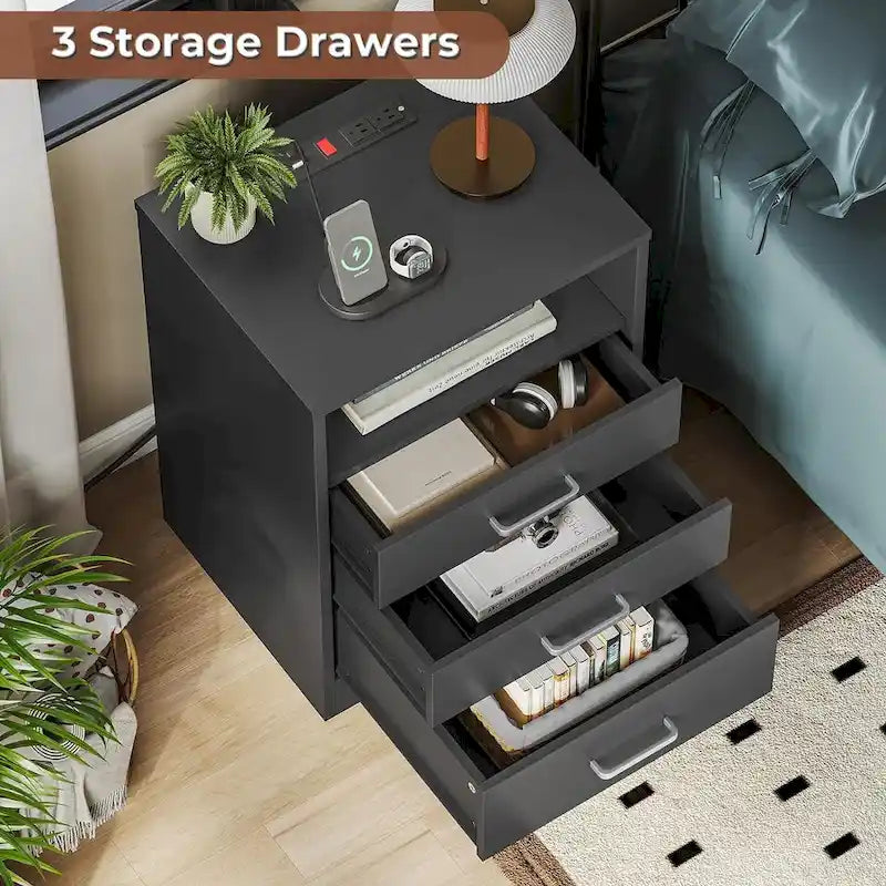 Nightstand 3 Drawers Open Storage Charging Station