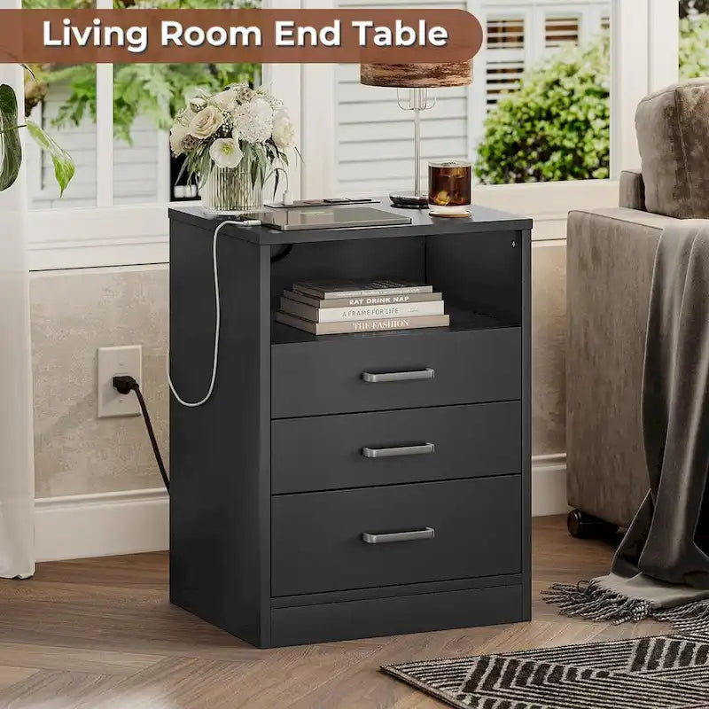 Nightstand 3 Drawers Open Storage Charging Station