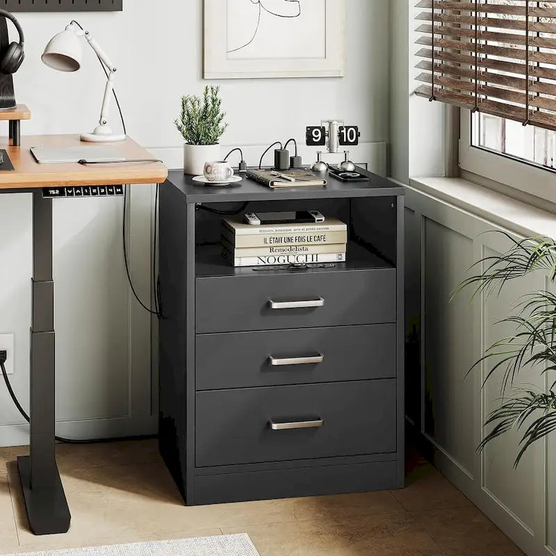 Nightstand 3 Drawers Open Storage Charging Station