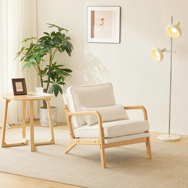 Upholstered Coarse Linen Blend Accent Chair with Wooden Legs and One Pillow