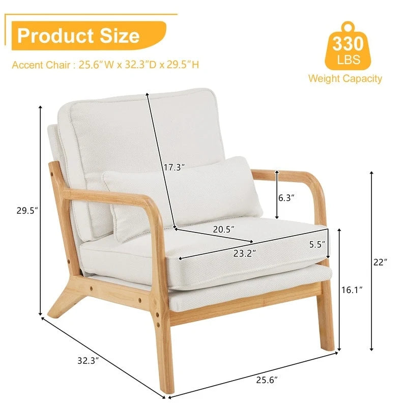 Upholstered Coarse Linen Blend Accent Chair with Wooden Legs and One Pillow