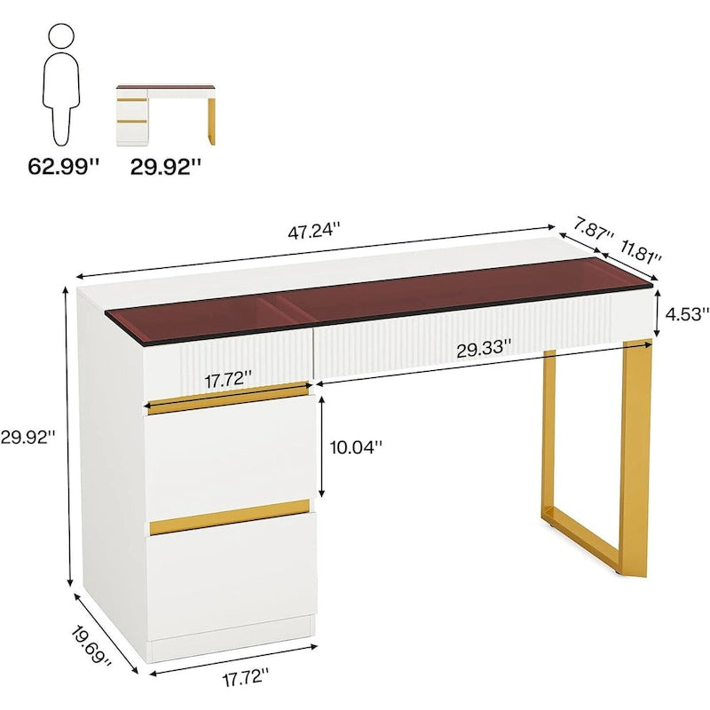 47 Inch Modern Computer Desk with 4 Drawers, Home Office Desk with Glass Top, Makeup Vanity Table