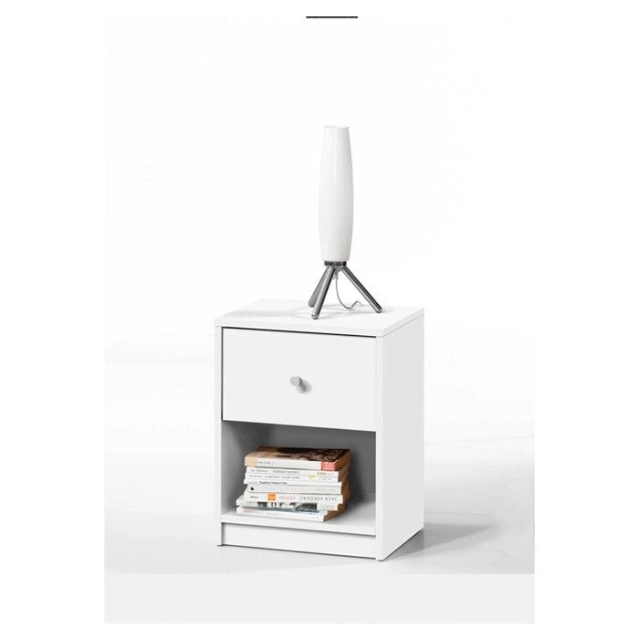 Comodino moderno a 1 cassetto con ripiano portaoggetti, colore bianco