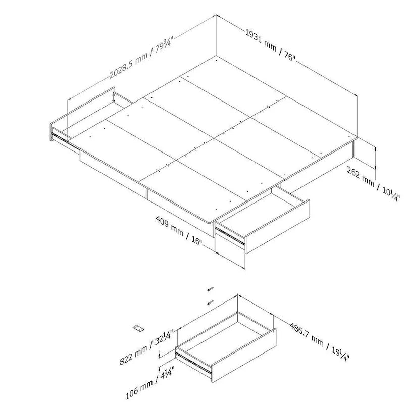 Letto matrimoniale king size moderno con piattaforma e cassetti contenitori, finitura bianca
