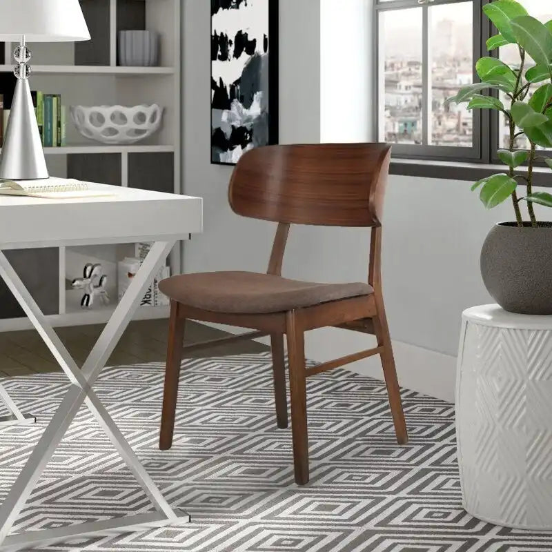 Set of 2 Retro Brown Wood Leg Dining Room Chair With Curved Back Fabric Cushions Upholstered Seat
