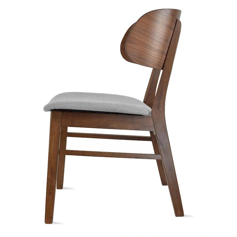 Set of 2 Retro Brown Wood Leg Dining Room Chair With Curved Back Fabric Cushions Upholstered Seat