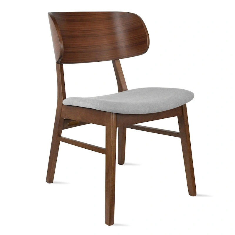 Set of 2 Retro Brown Wood Leg Dining Room Chair With Curved Back Fabric Cushions Upholstered Seat