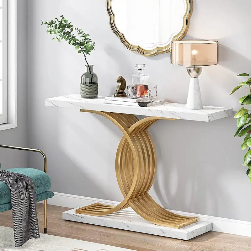 Modern Faux Marble Hallway Table with Geometric 40 Narrow