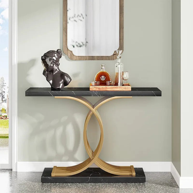 Modern Faux Marble Hallway Table with Geometric 40 Narrow