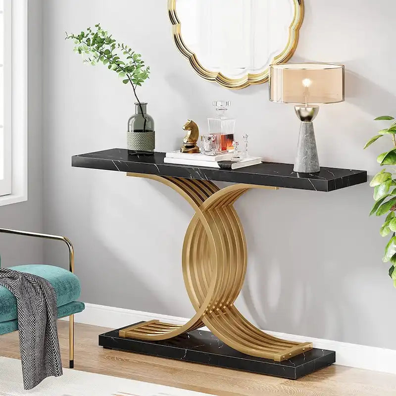 Modern Faux Marble Hallway Table with Geometric 40 Narrow