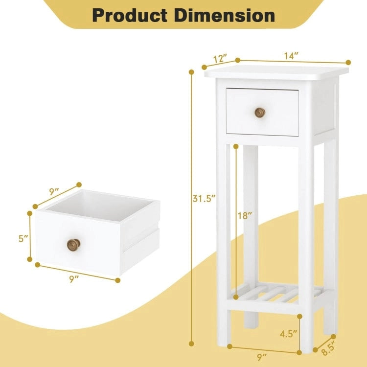 2 Tier Slim Rectangular Nightstand with Drawer Shelf and Acacia Wood Frame - 13.5L x 11.5W x 31.5H