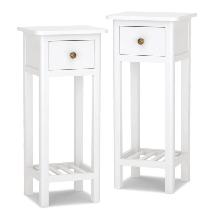 2 Tier Slim Rectangular Nightstand with Drawer Shelf and Acacia Wood Frame - 13.5L x 11.5W x 31.5H