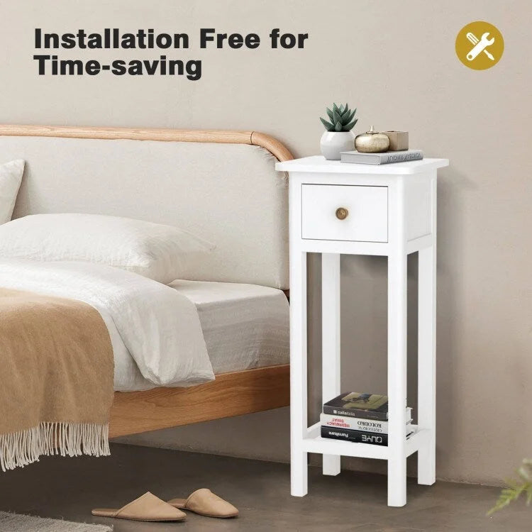 2 Tier Slim Rectangular Nightstand with Drawer Shelf and Acacia Wood Frame - 13.5L x 11.5W x 31.5H