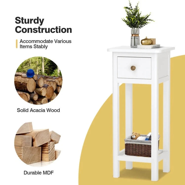 2 Tier Slim Rectangular Nightstand with Drawer Shelf and Acacia Wood Frame - 13.5L x 11.5W x 31.5H