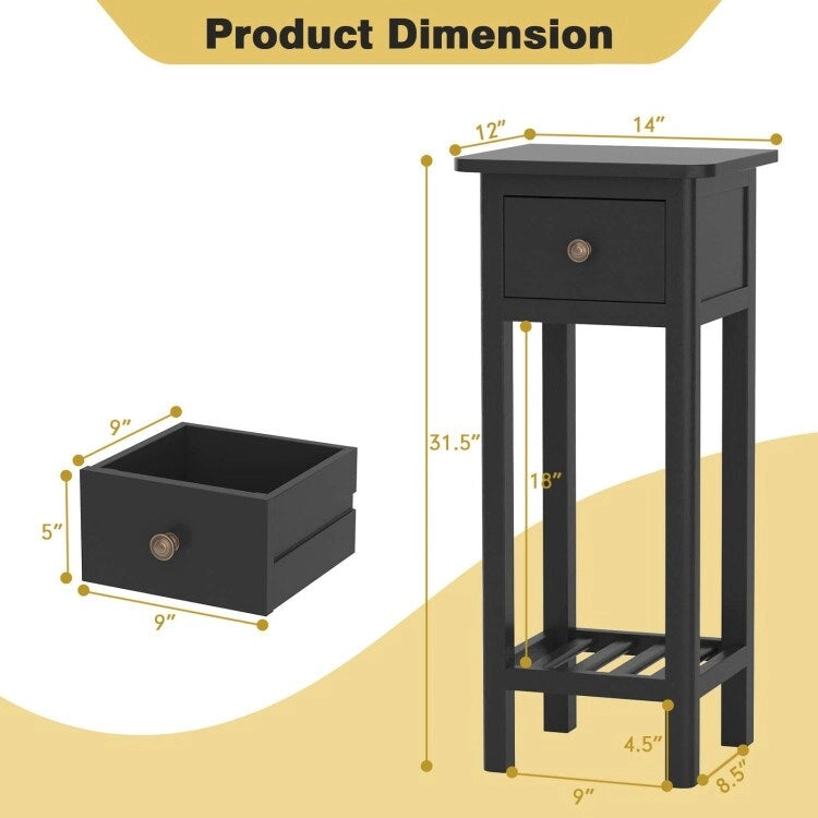 2 Tier Slim Rectangular Nightstand with Drawer Shelf and Acacia Wood Frame - 13.5L x 11.5W x 31.5H