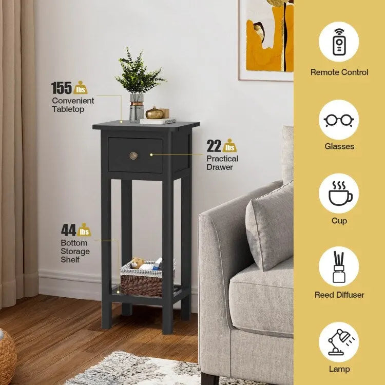 2 Tier Slim Rectangular Nightstand with Drawer Shelf and Acacia Wood Frame - 13.5L x 11.5W x 31.5H