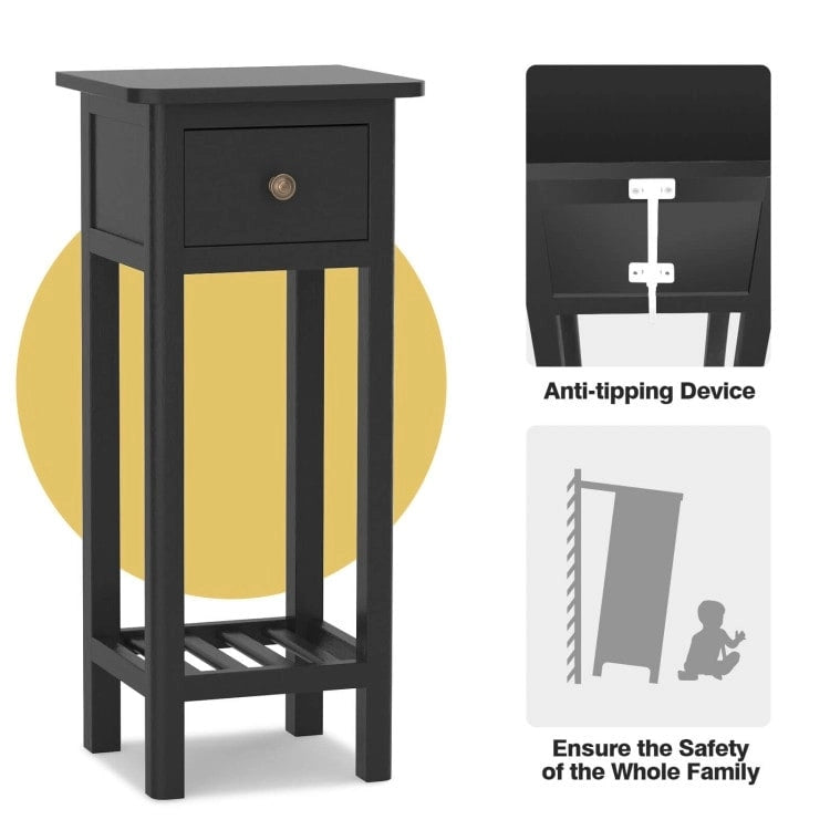 2 Tier Slim Rectangular Nightstand with Drawer Shelf and Acacia Wood Frame - 13.5L x 11.5W x 31.5H