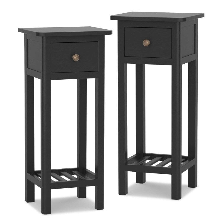 2 Tier Slim Rectangular Nightstand with Drawer Shelf and Acacia Wood Frame - 13.5L x 11.5W x 31.5H