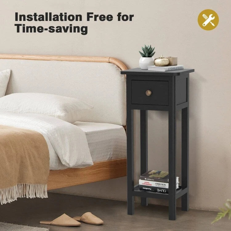 2 Tier Slim Rectangular Nightstand with Drawer Shelf and Acacia Wood Frame - 13.5L x 11.5W x 31.5H