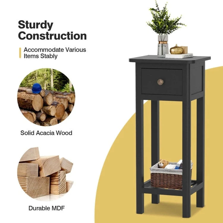 2 Tier Slim Rectangular Nightstand with Drawer Shelf and Acacia Wood Frame - 13.5L x 11.5W x 31.5H