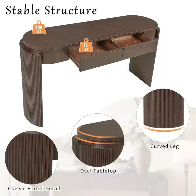 Tavolo consolle moderno Merax con piano ovale, gambe curve scanalate e due cassetti nascosti