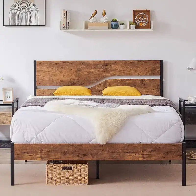 Javlergo Base Letto a Piattaforma in Metallo con Testiera e Pediera in Legno, Struttura Letto Industriale in Metallo Nessuna Rete a Molle Necessaria