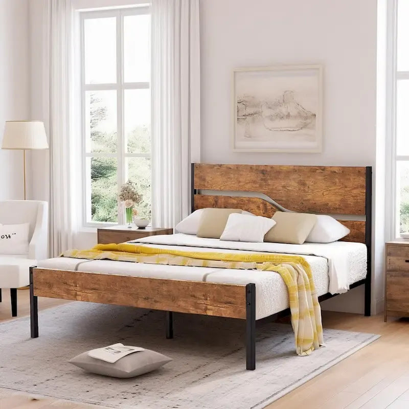 Javlergo Base Letto a Piattaforma in Metallo con Testiera e Pediera in Legno, Struttura Letto Industriale in Metallo Nessuna Rete a Molle Necessaria
