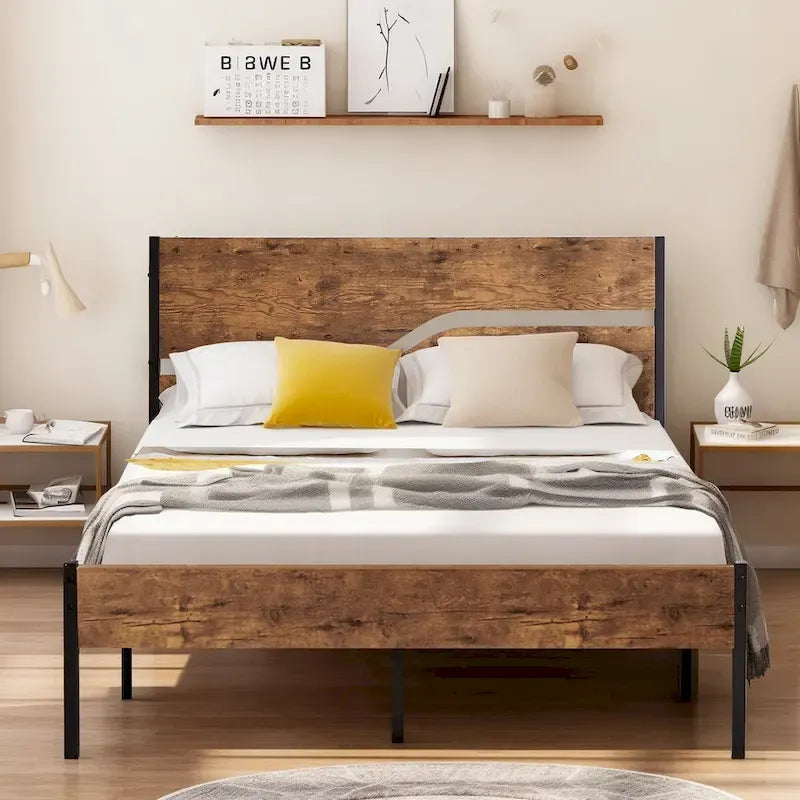 Javlergo Base Letto a Piattaforma in Metallo con Testiera e Pediera in Legno, Struttura Letto Industriale in Metallo Nessuna Rete a Molle Necessaria