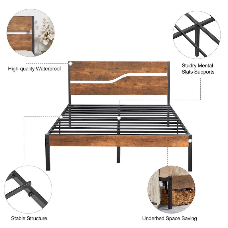Javlergo Base Letto a Piattaforma in Metallo con Testiera e Pediera in Legno, Struttura Letto Industriale in Metallo Nessuna Rete a Molle Necessaria