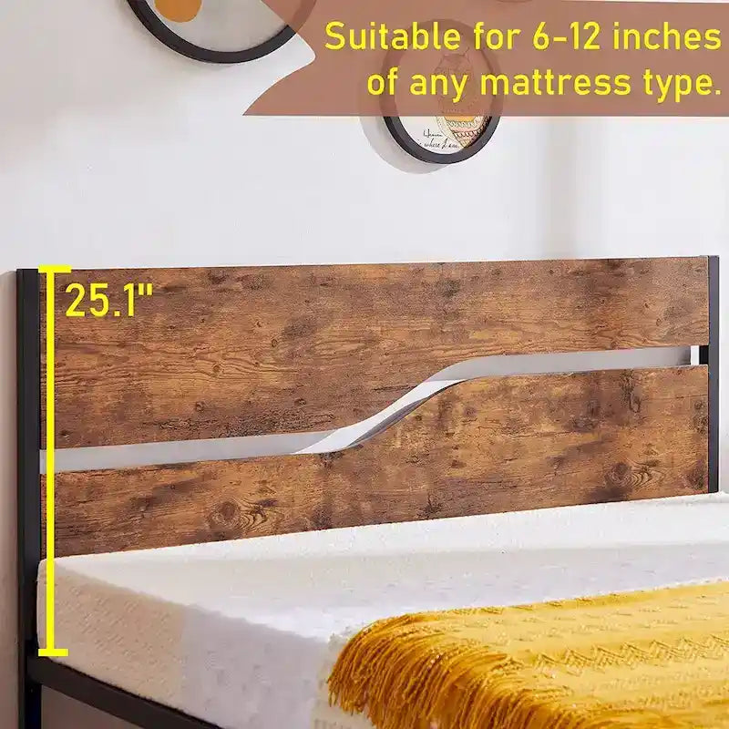 Javlergo Base Letto a Piattaforma in Metallo con Testiera e Pediera in Legno, Struttura Letto Industriale in Metallo Nessuna Rete a Molle Necessaria