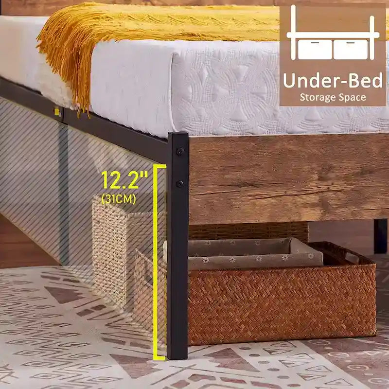 Javlergo Base Letto a Piattaforma in Metallo con Testiera e Pediera in Legno, Struttura Letto Industriale in Metallo Nessuna Rete a Molle Necessaria