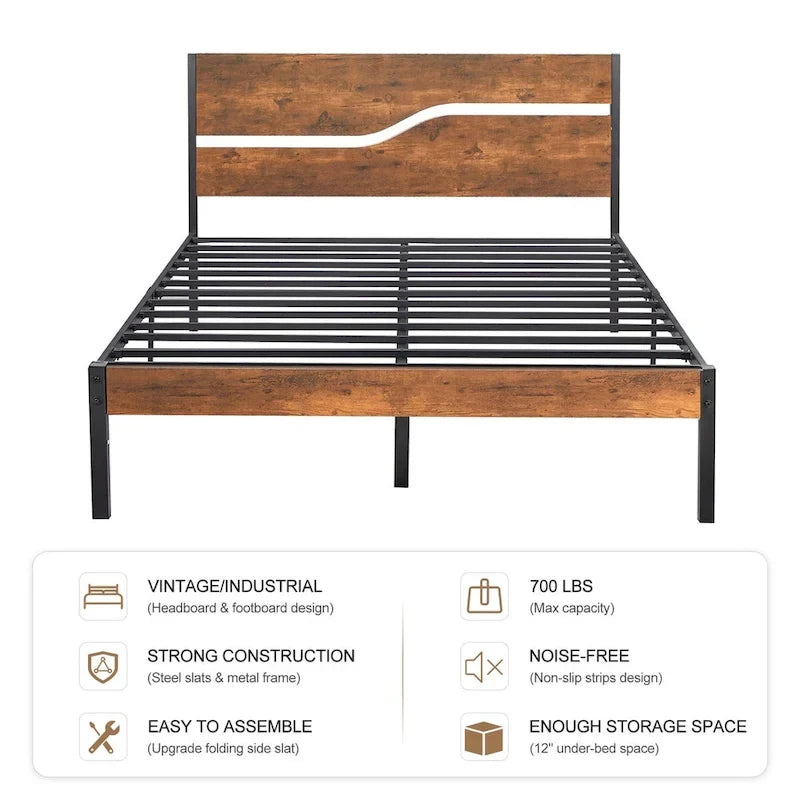 Javlergo Base Letto a Piattaforma in Metallo con Testiera e Pediera in Legno, Struttura Letto Industriale in Metallo Nessuna Rete a Molle Necessaria