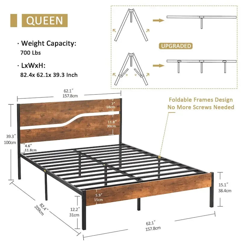 Javlergo Base Letto a Piattaforma in Metallo con Testiera e Pediera in Legno, Struttura Letto Industriale in Metallo Nessuna Rete a Molle Necessaria