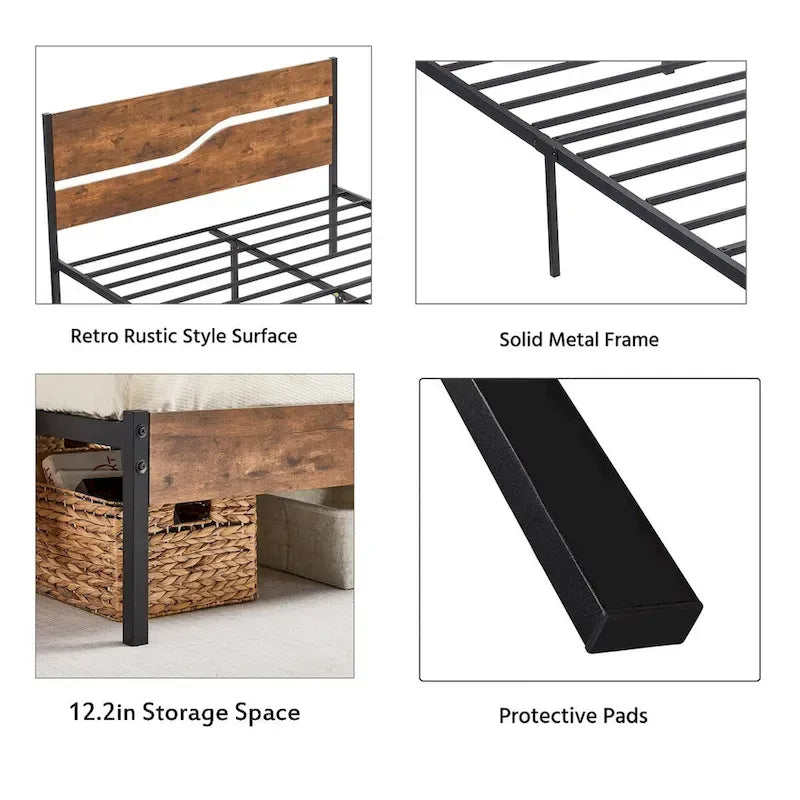 Javlergo Base Letto a Piattaforma in Metallo con Testiera e Pediera in Legno, Struttura Letto Industriale in Metallo Nessuna Rete a Molle Necessaria
