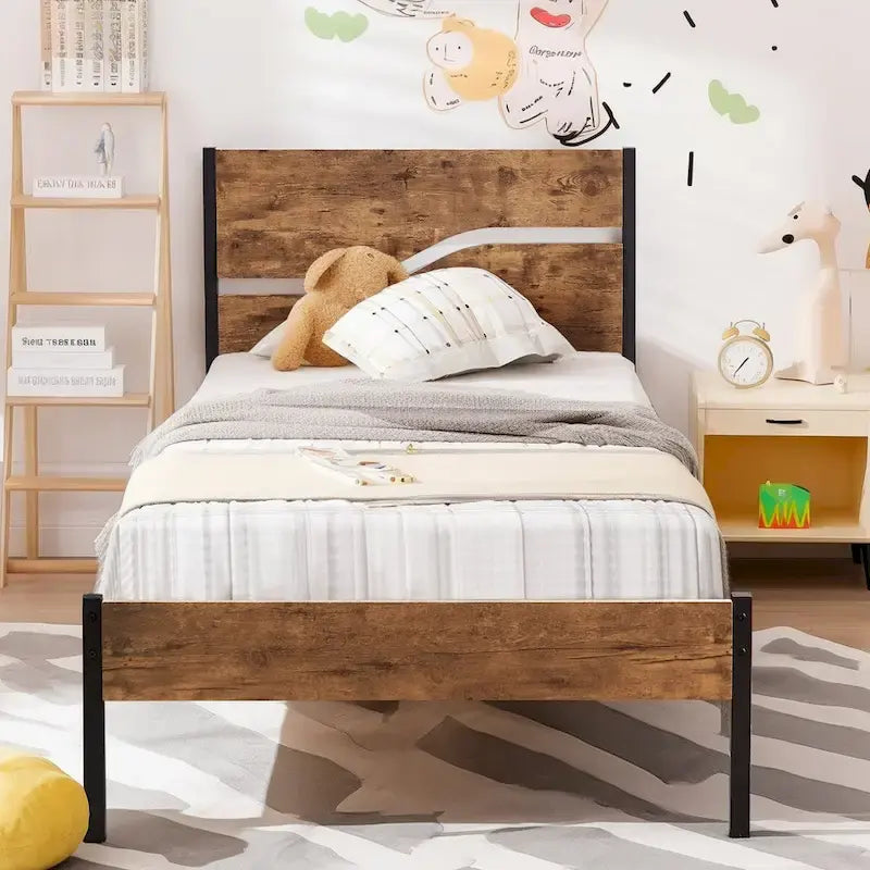 Javlergo Base Letto a Piattaforma in Metallo con Testiera e Pediera in Legno, Struttura Letto Industriale in Metallo Nessuna Rete a Molle Necessaria