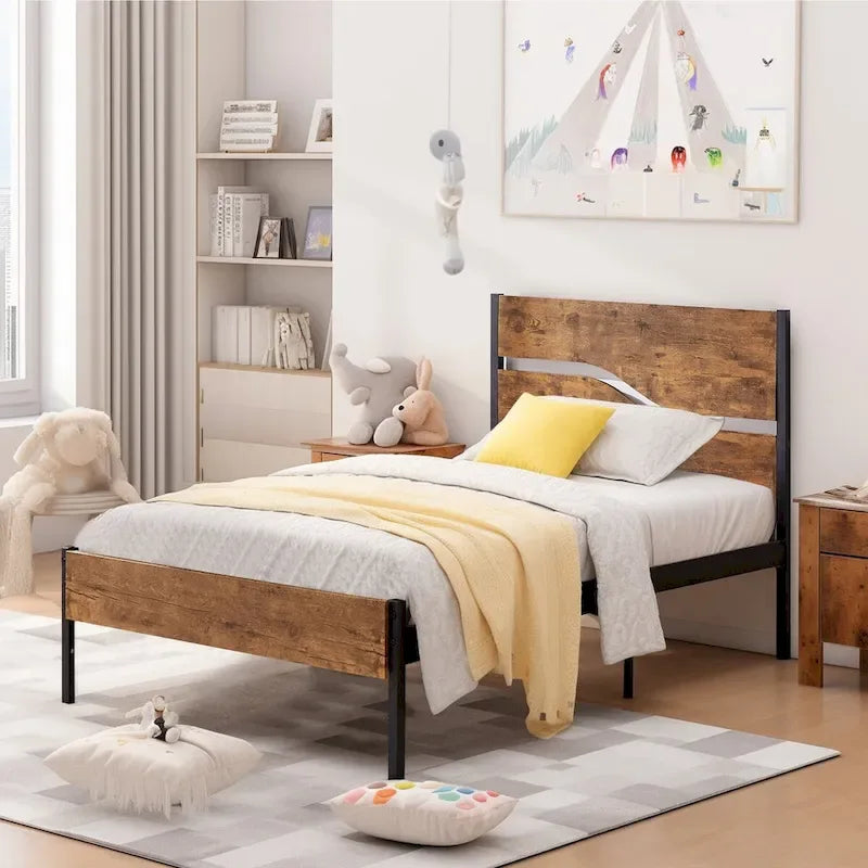 Javlergo Base Letto a Piattaforma in Metallo con Testiera e Pediera in Legno, Struttura Letto Industriale in Metallo Nessuna Rete a Molle Necessaria