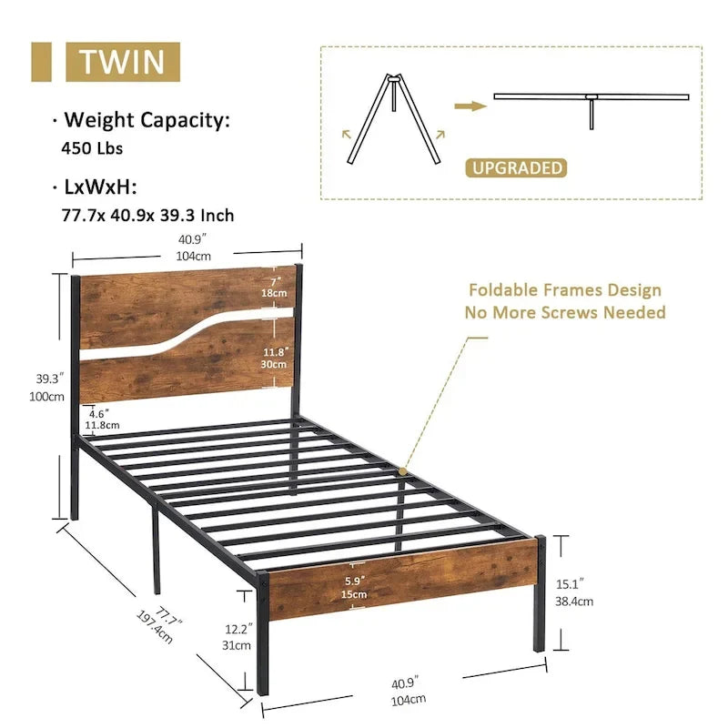 Javlergo Base Letto a Piattaforma in Metallo con Testiera e Pediera in Legno, Struttura Letto Industriale in Metallo Nessuna Rete a Molle Necessaria