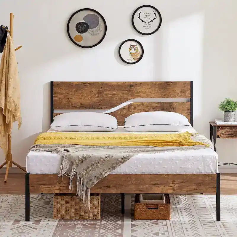 Javlergo Base Letto a Piattaforma in Metallo con Testiera e Pediera in Legno, Struttura Letto Industriale in Metallo Nessuna Rete a Molle Necessaria