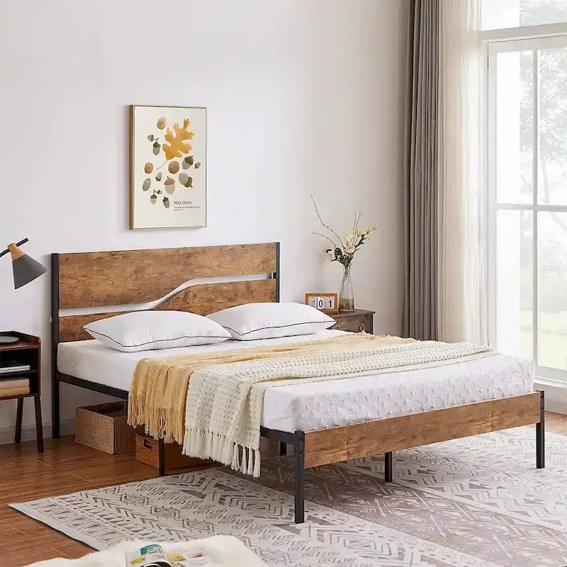 Javlergo Base Letto a Piattaforma in Metallo con Testiera e Pediera in Legno, Struttura Letto Industriale in Metallo Nessuna Rete a Molle Necessaria