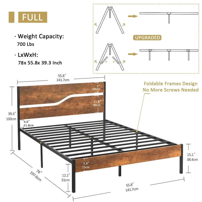 Javlergo Base Letto a Piattaforma in Metallo con Testiera e Pediera in Legno, Struttura Letto Industriale in Metallo Nessuna Rete a Molle Necessaria