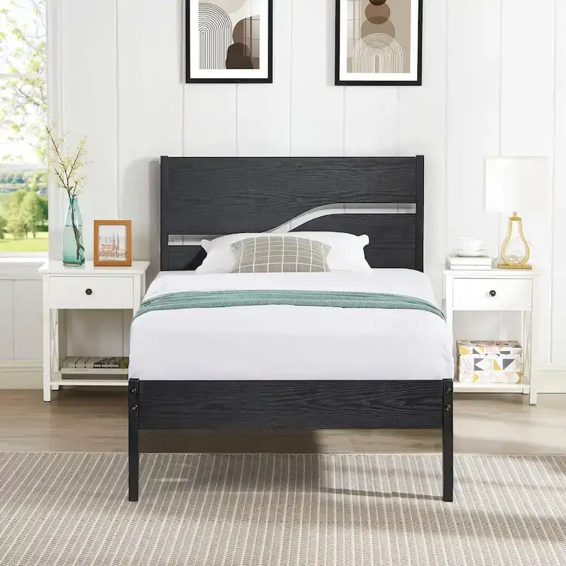 Javlergo Base Letto a Piattaforma in Metallo con Testiera e Pediera in Legno, Struttura Letto Industriale in Metallo Nessuna Rete a Molle Necessaria