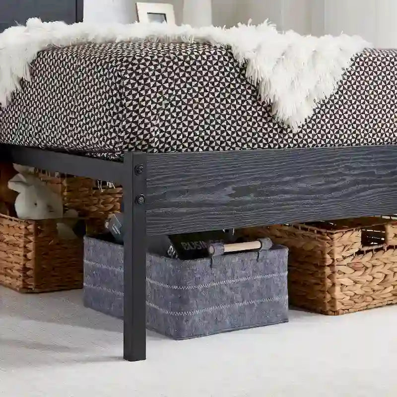 Javlergo Base Letto a Piattaforma in Metallo con Testiera e Pediera in Legno, Struttura Letto Industriale in Metallo Nessuna Rete a Molle Necessaria